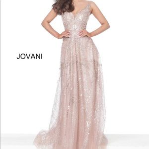 Jovani Rose Gold Embellished V Neck Dress